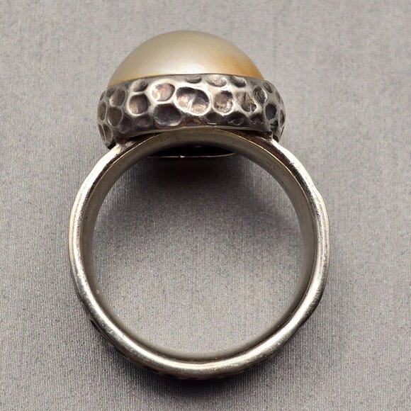 Sterling Silver Cultivated Mabe 14.8mm Pearl Ring Size 9.5 Textured Fidget 11g - Picture 5 of 11